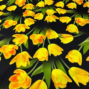 Tessuto in crepe Tulip tango, Stampa tulipano giallo, Tulipano rosa, Tulipano rosso