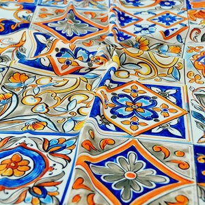 Colorful geometric tile crepe fabric, Sicilian Mediterranean style