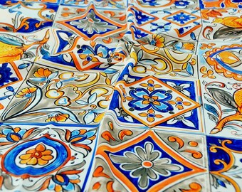 Colorful geometric tile crepe fabric, Sicilian Mediterranean style