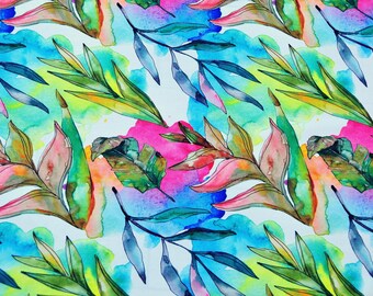 White crepe fabric with waterclor colorful leaf print, Botanical fabric by the yard