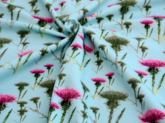 Dandelion cotton jersey fabric, Cotton lycra botanical print by the half yard