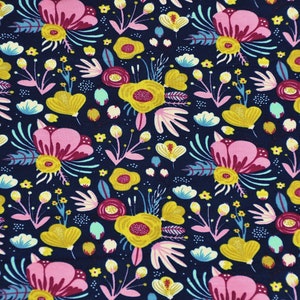 Navy blue floral cotton jersey knit fabric, French terry mustard yellow, pink flower print