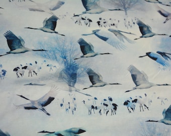 Crane Print Cotton Jersey Knit Fabric by the Yard, Baby Girls Fabric