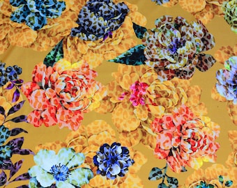 Mustard Floral Crepe Fabric: Medium Weight Double Knit By The Yard