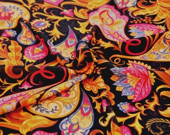 Pink paisley print crepe fabric, Ethnic tradicional style