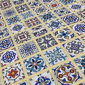 Geometric flower tiles print, Mosaic crepe fabric, Spanish Portuguese style