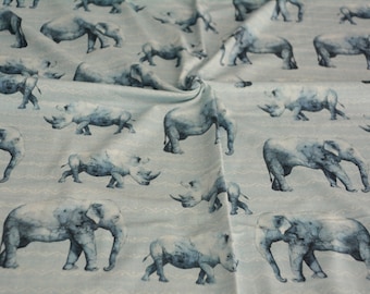Elephant and rhinoceros print cotton jersey knit fabric by the half yard