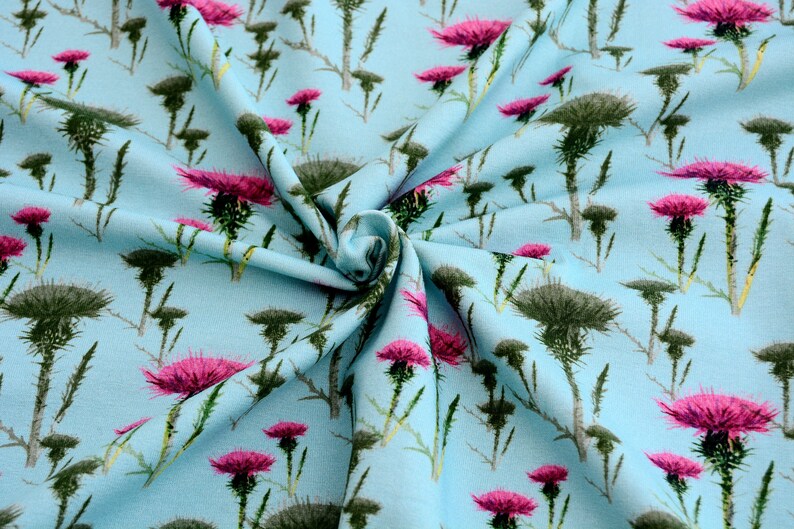 Puede incluir: Tela azul claro con un patr&oacute;n repetido de cardos. Los cardos tienen cabezas de color verde oscuro y flores de color rosa vibrante. La tela es probablemente de algod&oacute;n o un material similar, adecuado para ropa o decoraci&oacute;n del hogar.
