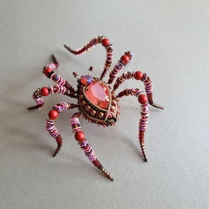 Large Beaded Coral Spider brooch pin,Beaded Insect Spider Jewelry,Embroidered Spider brooch pin, Handmade Spider brooch pin for women girls