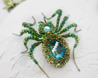 Big green Spider brooch, Handmade Spider brooch, Embroidered Spider pin, Insect Jewelry, Beaded Spider Brooch/Pin, Insect Spiders lover gift