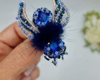 Spring Beaded Blue Bug brooch,Handmade Insect Beetle with Fur Brooch for Women Lovers