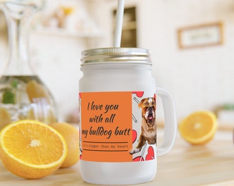 Personalized Iced Coffee Cup,Glass Can Soda Cup with Lid and Straw, Bulldog Gift,Custom Dogmom Gift, Mason Jar dogdad, Bulldog Glass Tumbler