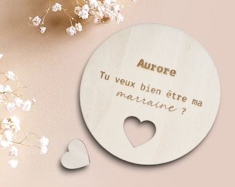 Future godmother announcement on engraved wooden card, customizable godmother surprise request, child baptism