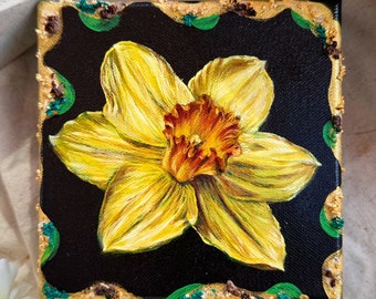 Daffodil Painting, textured acrylic, home decoration, wall art 5”x5”, ColorFantasyByTan