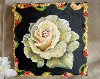 White Rose Painting, textured acrylic, home decoration, wall art 5”x5”, ColorFantasyByTan