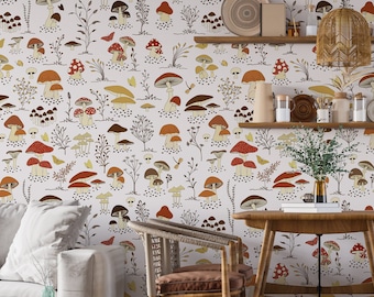Papel pintado de hongos mágicos, mural de pared de hongos único, papel pintado de cáscara de hongo, rollo de papel tapiz botánico