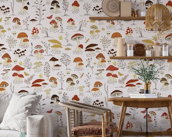 Magic Mushroom Wallpaper, Unique Mushroom Wall Mural, Mushroom Peel Stick Wallpaper, Botanical Wall Paper Roll