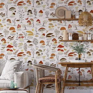 Magic Mushroom Wallpaper, Unique Mushroom Wall Mural, Mushroom Peel Stick Wallpaper, Botanical Wall Paper Roll