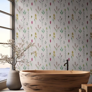Field flowers wallpaper, meadow wallpaper, vintage wallpaper, wall mural, Wall Decor Wall Art, Peel and Stick Self-Adhesive Wallpaper #207