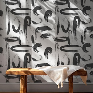 Black and White Lines Self Adhesive Wallpaper, Abstract Boho Peel and Stick Wall Mural, Removable Scandinavian Wall