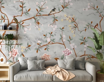 Chinoiserie Floral, Birds, Flowers on a Branch, Birds Wallpaper Mural, Peel and stick & Traditional Paper, Grey Background