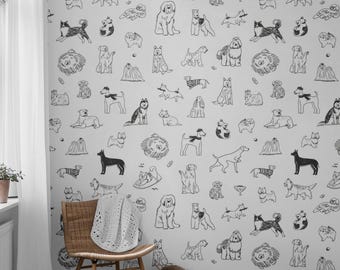 Carta da parati rimovibile per camerette di cani e cuccioli, arte murale, carta da parati staccabile e adesiva, parete decorativa, cameretta dei bambini, carta da parati con animali