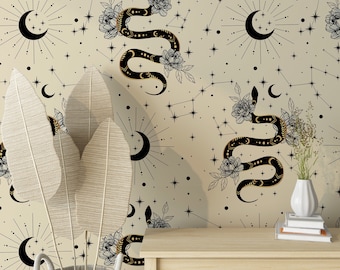 Snake Peel and Stick Wallpaper, Modern Contemporary Dark Gothic and Mysterious Removable, Mystic Boho Constellation Sun Snake Moon