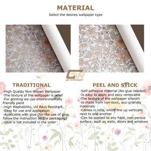 May include: Two wallpaper samples, one with a traditional non-woven material and the other with a peel and stick adhesive material. Both samples feature a floral pattern with a white background and orange, brown, and yellow flowers. The text "MATERIAL" is at the top of the image, and the text "Select the desires wallpaper type" is below it. The text "TRADITIONAL" is above the first sample, and the text "PEEL AND STICK" is above the second sample. The text "GW go wallpaper" is in the center of the image.