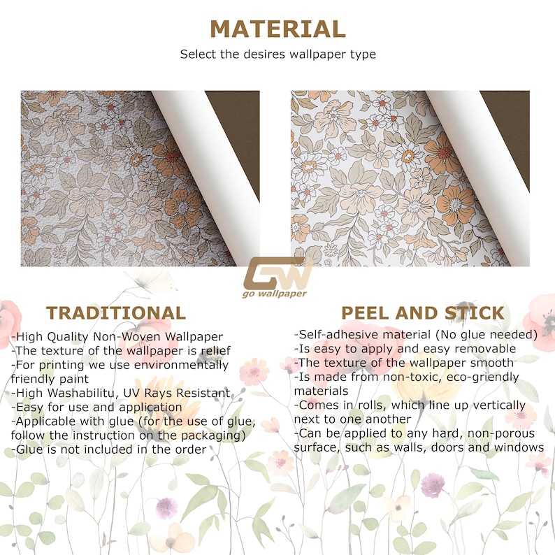 May include: Two wallpaper samples, one with a traditional non-woven material and the other with a peel and stick adhesive material. Both samples feature a floral pattern with a white background and orange, brown, and yellow flowers. The text "MATERIAL" is at the top of the image, and the text "Select the desires wallpaper type" is below it. The text "TRADITIONAL" is above the first sample, and the text "PEEL AND STICK" is above the second sample. The text "GW go wallpaper" is in the center of the image.