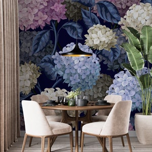 Carta da parati con fiori di ortensia rosa e blu, autoadesiva, rimovibile, temporanea, stacca e attacca, decorazione murale vintage floreale con ortensie