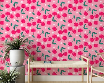 Cherry blossom and fruit wallpaper, Cherries Wallpaper, Peel and Stick, Kitchen Mural, Kids Bedroom, Mural Self adhesive, Removable