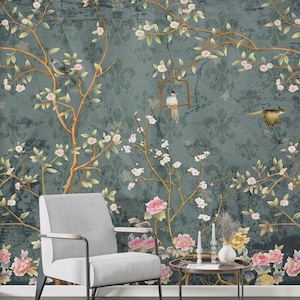 Chinoiserie Peel and Stick Wallpaper, Home Decor Wallpaper Wall Mural, Vintage Background, Birds Trees Floral Wallpaper