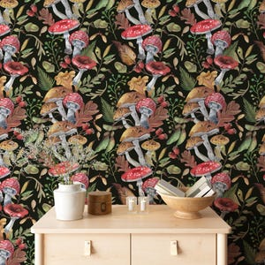 Whimsical Mushroom Wallpaper, Botanical Wallpaper Secret Garden, Whimsical Botanical Peel and Stick Wall Mural, Nature Wallpaper