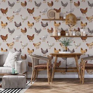 May include: A dining room with a light grey wallpaper featuring a repeating pattern of brown and white chickens. The room has a wooden table with four chairs, a grey sofa, and a grey ottoman.