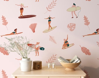 Surfing Theme Wallpaper - Retro Colors Surfboards Peel and Stick Removable Wallpaper, Swimmer flower wallpaper