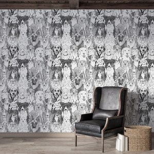 May include: Black and white illustration of various dog breeds, featuring a variety of dog breeds in a repeating pattern. The illustration is on a white background and is framed by a wooden wall.