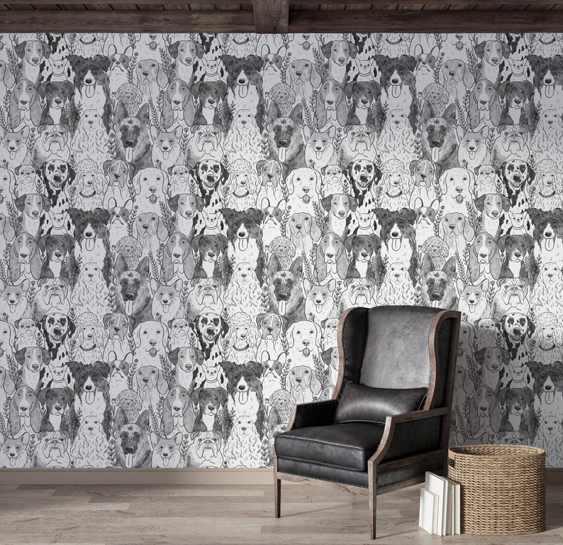 May include: Black and white illustration of various dog breeds, featuring a variety of dog breeds in a repeating pattern. The illustration is on a white background and is framed by a wooden wall.