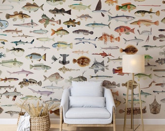 Vintage Fish Wallpaper Peel and Stick, Removable Wallpaper, Fish Wall Mural, Fish Wall Print, Vintage Room Decor #28