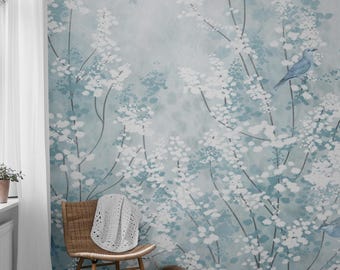 Blue Chinoiserie Wallpaper, Trees Bird Wallpaper, Flower Wallpaper, Background Wallpaper, Chinoiserie Plum Blossom Tree Wallpaper