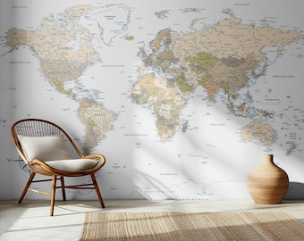 Detailed World Map Wallpaper, Political World Map Wall Art, States of United States World Map Wall Decal, World Map Sticker