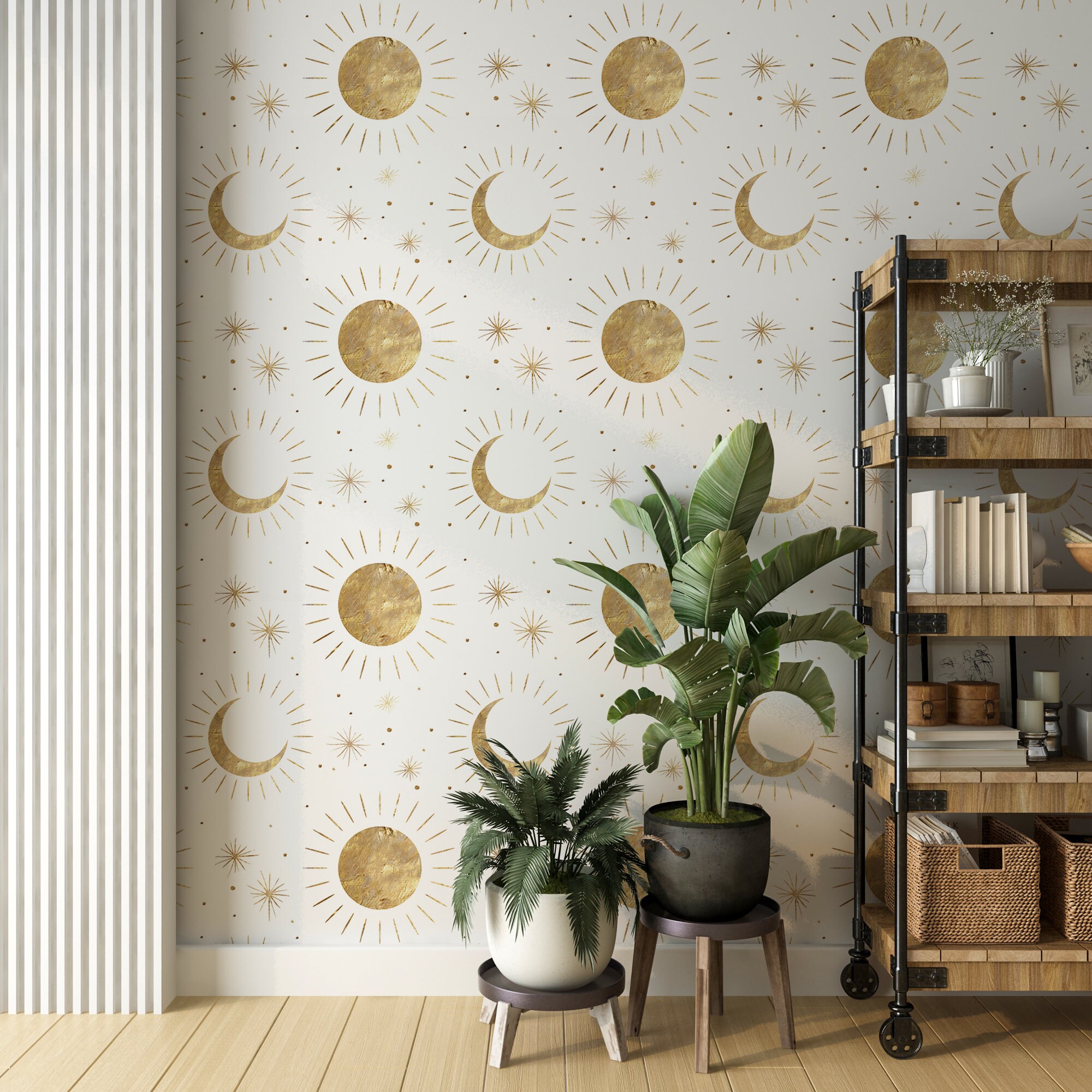 Sun and Moon Astrology Celestial Wallpaper, Stars Kids Room Wall Mural ...
