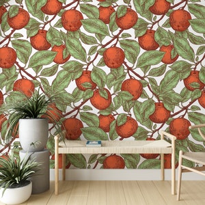 May include: A white background with a repeating pattern of orange fruit and green leaves. The fruit and leaves are drawn in a vintage style. A wooden bench and a potted plant are in the foreground.