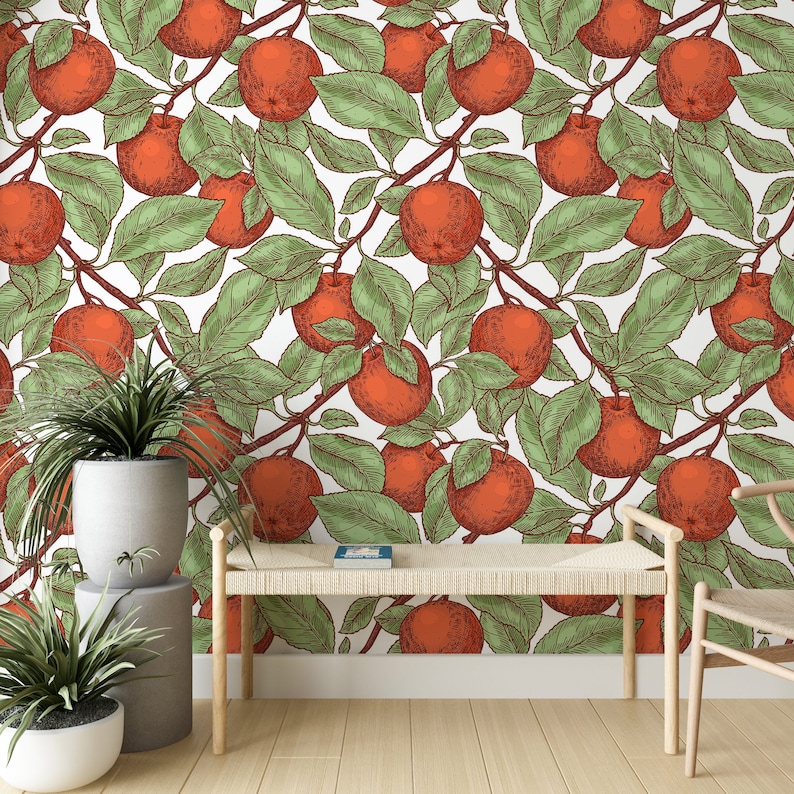 May include: A white background with a repeating pattern of orange fruit and green leaves. The fruit and leaves are drawn in a vintage style. A wooden bench and a potted plant are in the foreground.
