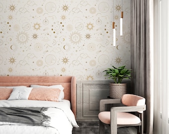White Star Wallpaper, Starry Night Wall Mural, Night Sky Wall Decal, Peel and Stick Constellations Wall Paper, Celestial Print Wallpaper