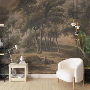 Papel pintado no tejido con paisaje rural, arte mural de estilo victoriano, mural histórico vintage con árboles, vista panorámica retro del valle.