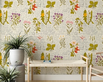 Vintage Herbal wallpaper, peel and stick wallpaper, handwritten pattern, herbal theme, temporary removable wallpaper, wall decor