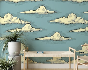 Clouds retro wallpaper, Floating clouds wallpaper, modern abstract wall covering, sky wallpaper for living room, Vintage Clouds mural #56
