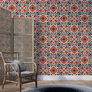 Vintage Moroccan Tile Peel and Stick Wallpaper, Easy Application, Removable Wall Decor, Ethnic Moroccan Mosaic wallpaper Murals