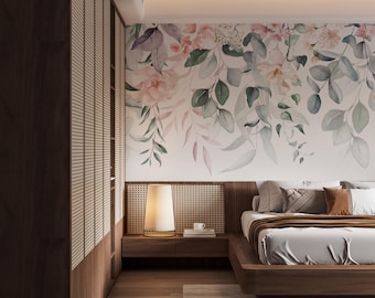 Eucalyptus Flower Peel and Stick Wallpaper, Big Flowers Wall Decor, Tropical Wallpaper Green watercolour Leaves Wall Mural Peel and Stick