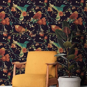 Wildblumengarten und Vogel-Tapete, Vintage-nahtlose Schale und Stick entfernbar, nicht eingefügte traditionelle Option, Retro Boho-Frieden